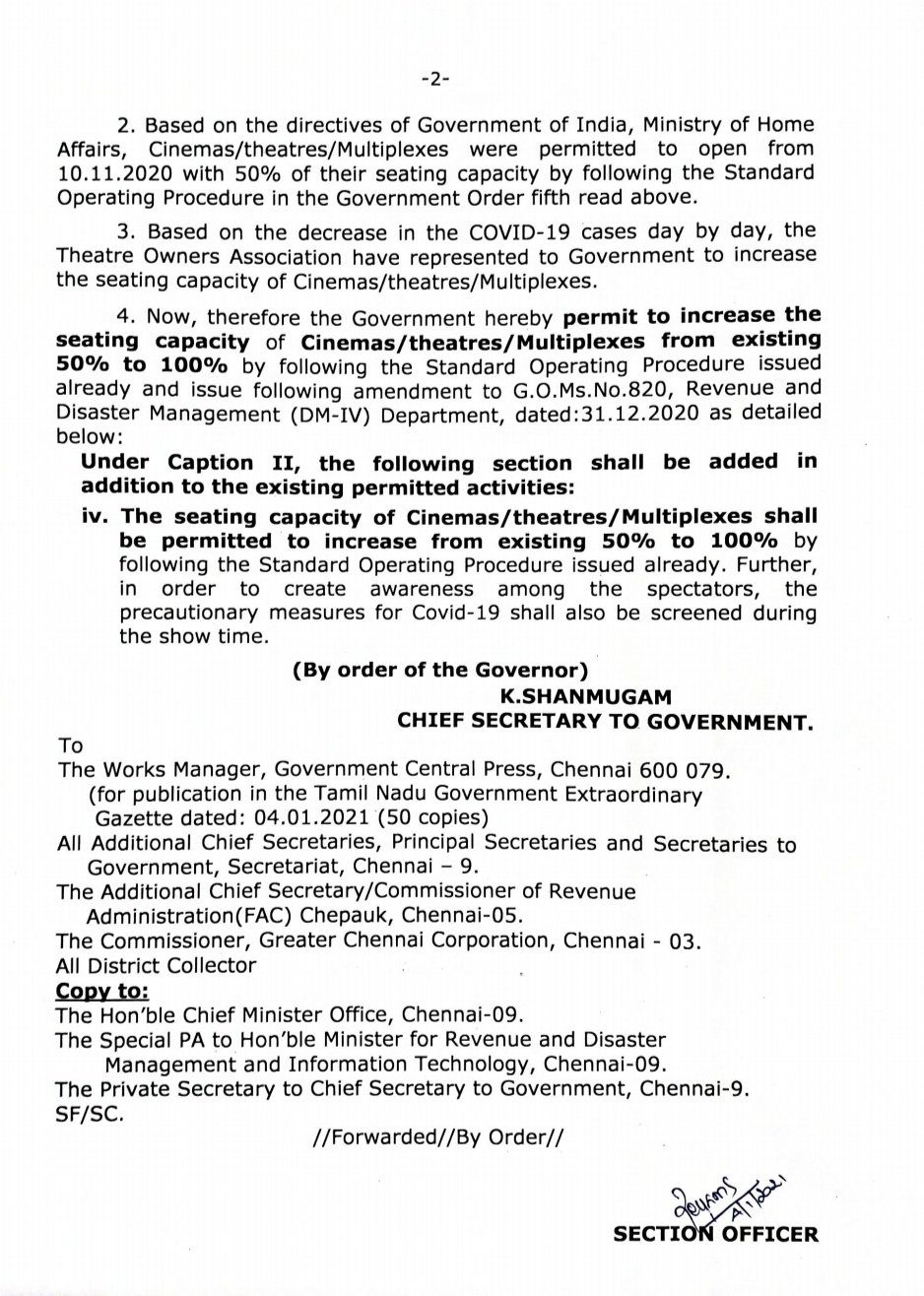 Tamil Nadu GO passed for 100 percent theaters occupancy -1